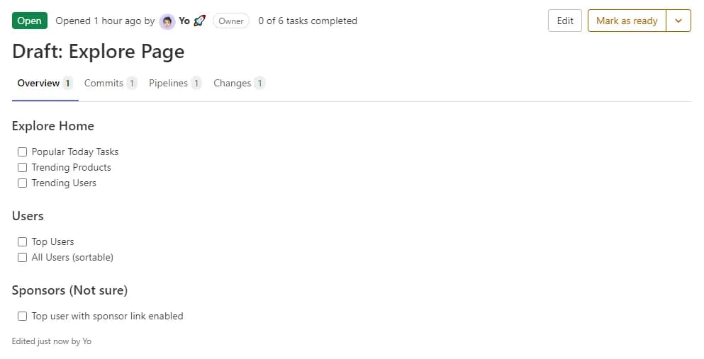 A merge request for the Explore page